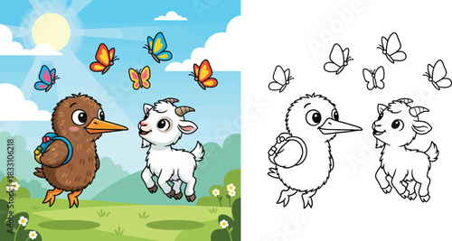 Cute cartoon kiwi bird with backpack and baby goat playing in nature vector illustration. Adorable animal friends jumping on grass with butterflies and sun for kids design.