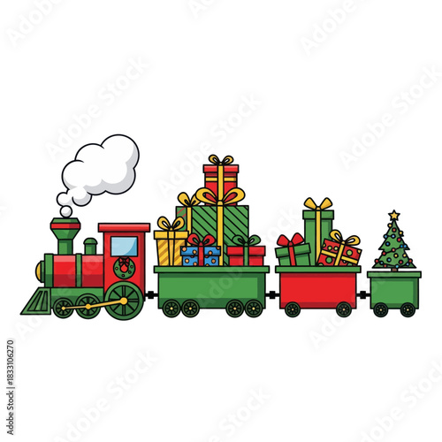 Festive Christmas train carrying colorful gifts and a decorated tree brings holiday cheer, perfect for seasonal greetings and joyful celebrations