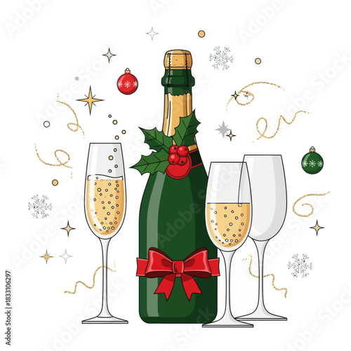 Elegant champagne bottle with festive ornaments, perfect for celebrating New Year's Eve or Christmas gatherings with a touch of luxury and holiday cheer