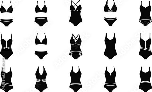 Collection of black silhouette swimwear icons on white background bikini swimsuit