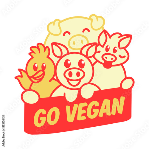 Cute cartoon animals holding go vegan banner chicken