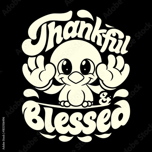 Cute cartoon bird with thankful blessed text vector 1