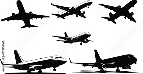 Collection of black silhouette jet airplanes in various flight and landing poses
