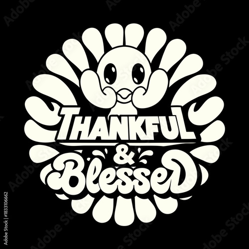 Cute cartoon turkey thankful blessed text graphic vector
