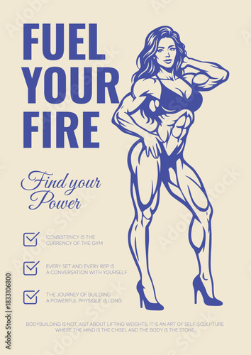 Poster with Female Bodybuilder Illustration and Motivational Quotes