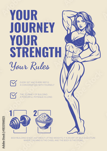 Poster with Female Bodybuilder Illustration and Motivational Quotes