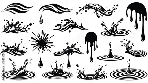 Collection of black and white water splash graphic elements for design
