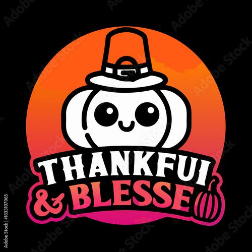 Cute white pumpkin wearing pilgrim hat with text thankful