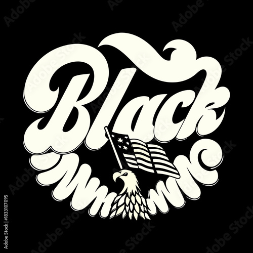 Eagle clutching American flag in retro script design