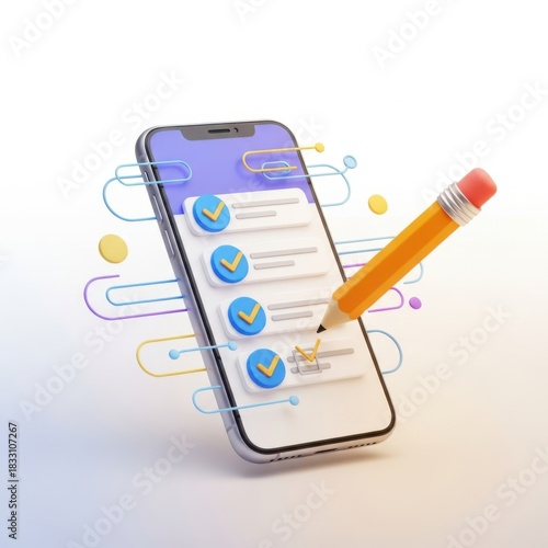 A 3d render of a smartphone displaying a to do list with a pencil interacting with the screen isolated on white background