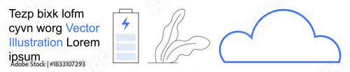 Cloud computing, energy efficiency, renewable resources, ecology, sustainability, and digital innovation. Battery icon, plant leaves and a cloud outline. Cloud computing and energy efficiency