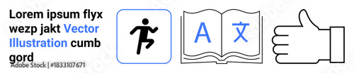 Language translation, communication, education, approval, movement, vector design. A book with letters, running icon and a thumbs-up. Translation and communication visual