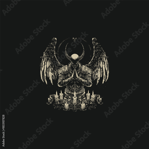 engraving-style illustration featuring a demonic entity or dark lord with large wings and horns, standing amidst several burning candles