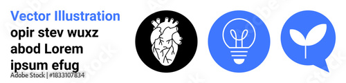 Medicine, technology, energy, sustainability, creativity, health. Icons a human heart, light bulb and leaf. Medicine and technology-related concepts of innovation and energy efficiency