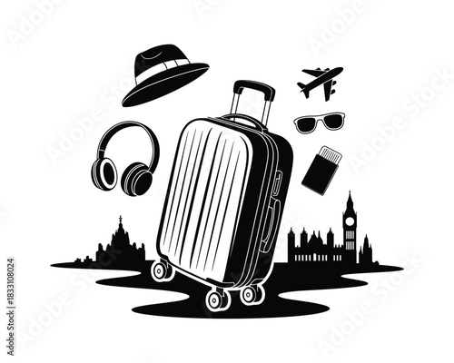 Travel suitcase with accessories black and white