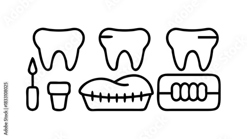Dental care icons pack. Set of black and white liner stroke symbols .vector icon