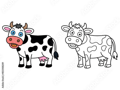 A colorful cartoon cow stands next to its outline for coloring, representing farm animals and creativity.