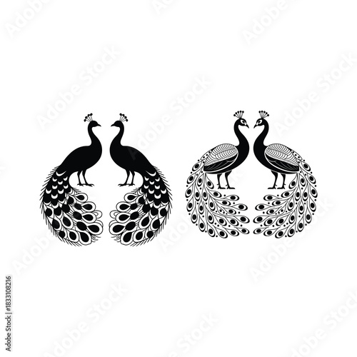 Pair of peacocks with mandala-inspired fillers.