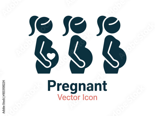 Three vector icons depicting pregnant women at different stages of pregnancy, representing the progression of pregnancy.