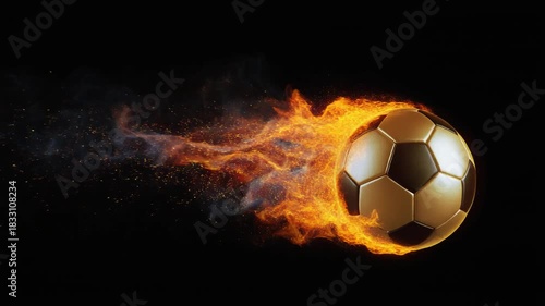 Dynamic golden and black soccer ball in a powerful blaze of fire and smoke, representing extreme speed, passion, and the competitive spirit against a dark background
