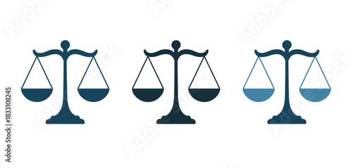 Three balance scales are displayed side-by-side, representing concepts of justice and fairness.