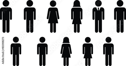 Collection of black human pictogram icons representing men and women silhouette
