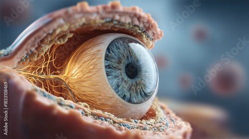 3D medical illustration of the human optic nerve showing glaucoma damage, detailed cross-section of the eye, ultra-realistic textures, scientific lighting