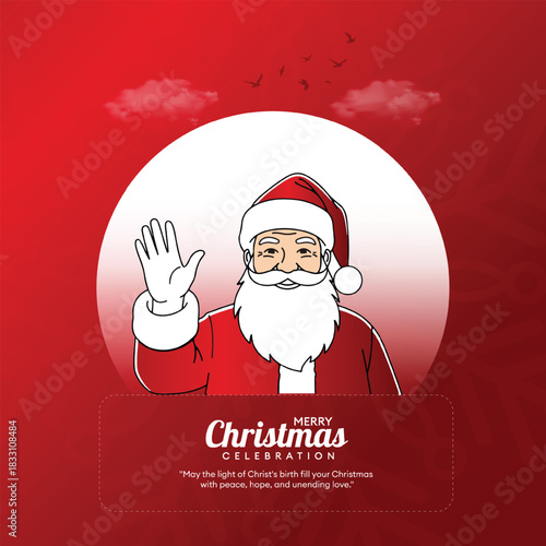 Cute Santa Waving Christmas Greeting Card on Festive Red Background