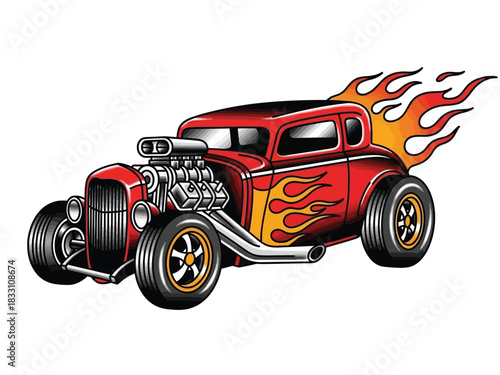 Vintage red hot rod coupe with a powerful exposed engine and flame graphics isolated on a white background.