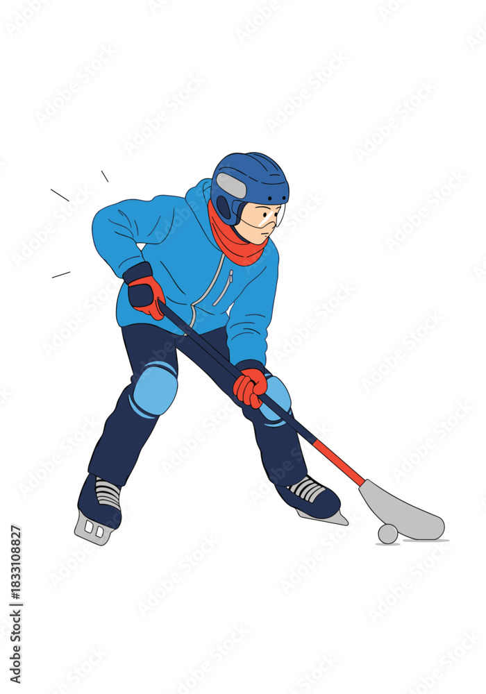 Obraz premium Hockey player in a blue hoodie and helmet handles a hockey stick and pursues the puck in a street hockey drill against a white background.