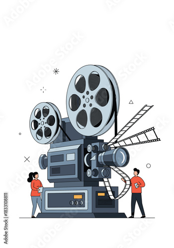 Two technicians operate a vintage film projector with large reels in a studio setting showcasing antique cinema equipment and art of analog movie projection.