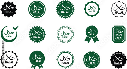 Collection of halal certified product label designs in various styles shapes and colors ensuring compliance with islamic dietary laws and standards for food and goods