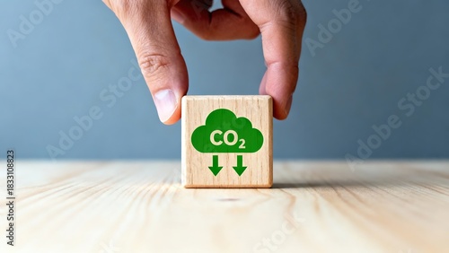 Hand holding wooden block with CO2 symbol and downward arrows, representing carbon reduction