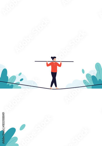 Person balances on a tightrope across a tranquil landscape with blue green foliage along the horizon and a vast white sky above.