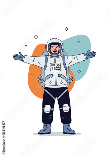 Joyful astronaut stands with arms wide open inviting discovery and wonder across the vast universe for explorers seeking distant worlds under twinkling stars.