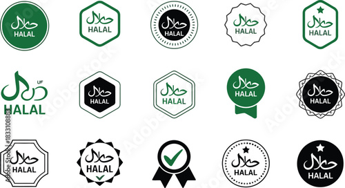 Set of halal certified stamp vector illustrations for food and beverage products ensuring compliance with islamic dietary laws and quality standards for consumers