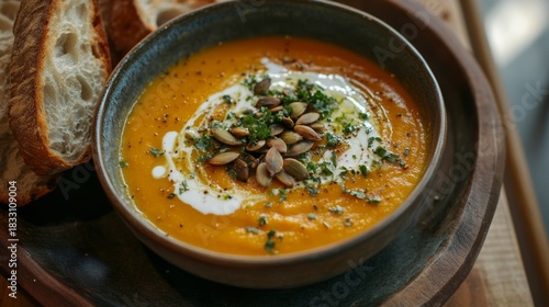 Creamy Roasted Butternut Squash Soup Topped with Pumpkin Seeds and Cream Swirl - Autumn Comfort Food