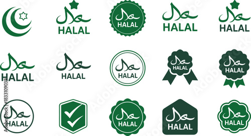 Collection of halal certified logos and symbols in various green and black designs representing islamic dietary compliance and ethical food standards for muslim consumers worldwide
