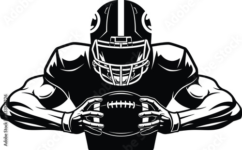 Black and white illustration of a muscular American football player holding a football