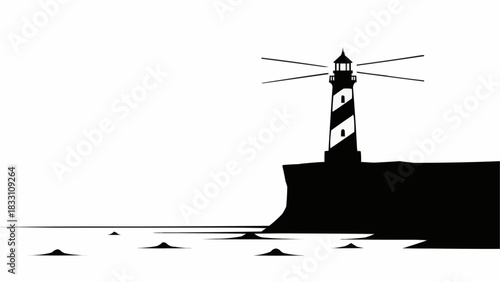 Striped Lighthouse Standing Tall on a Rocky Cliff Overlooking the Sea.