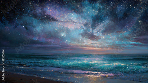 A mesmerizing scene of a starry night sky above the ocean. The cosmic panorama features vibrant clouds and shimmering water