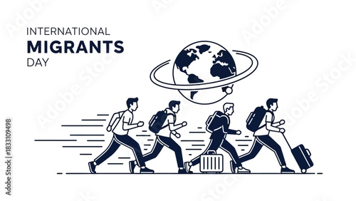 Illustration of people migrating with luggage and a globe on International Migrants Day in a simple line drawing style on a white background.