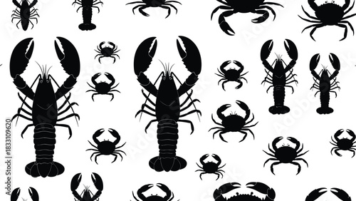 Black silhouette pattern of lobsters and crabs on white background seafood