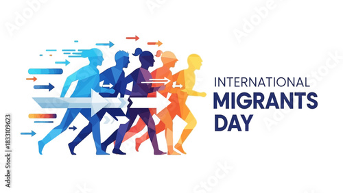 Graphic design for International Migrants Day featuring silhouettes of diverse people running with colorful arrows on a white background.