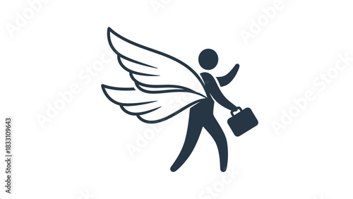 A minimalist graphic illustration of a person with wings holding a briefcase in a dynamic pose against a clean white background.
