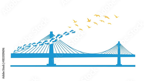 Graphic illustration of a blue cable-stayed bridge with birds flying away in yellow and blue hues against a white background.