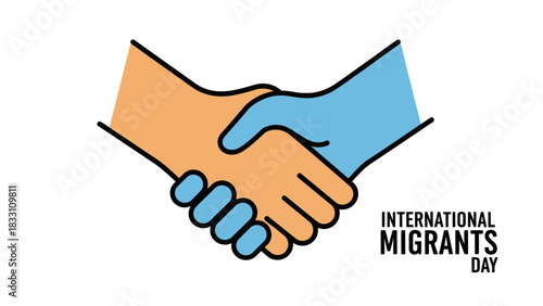 Illustration of two hands shaking in a handshake gesture on a white background to celebrate International Migrants Day with a symbolic and supportive mood.