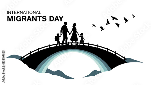 International Migrants Day illustration of a family silhouette on a bridge with birds flying away against a white background.