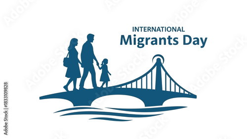 Graphic illustration of a family walking on a bridge on International Migrants Day with a simple blue design on a white background.