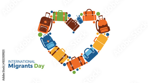 Colorful luggage arranged in a heart shape on a white background for International Migrants Day with a flat design and vibrant mood.